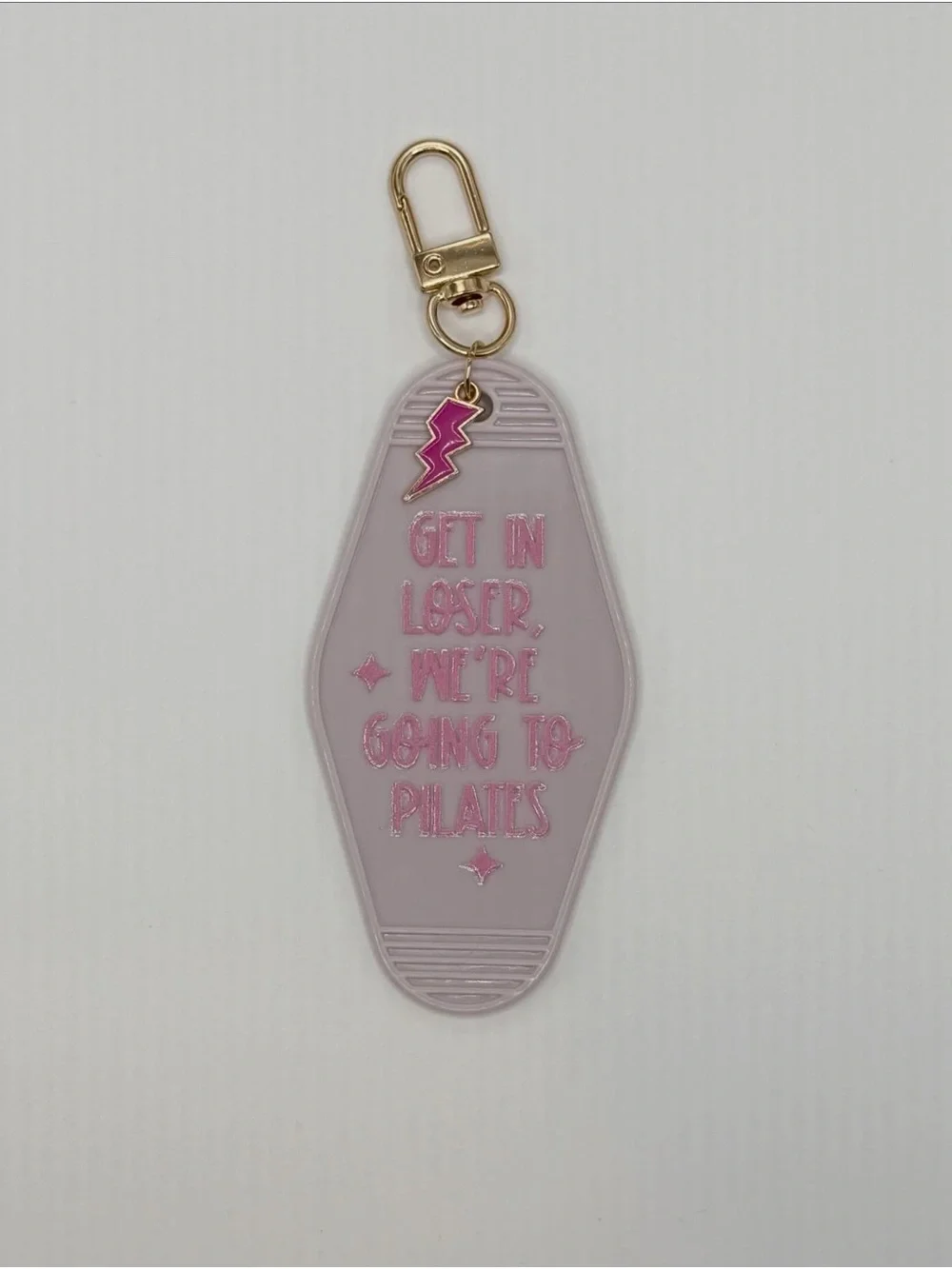 Lilac Acrylic Keychain with Pink Text and Gold Hardware